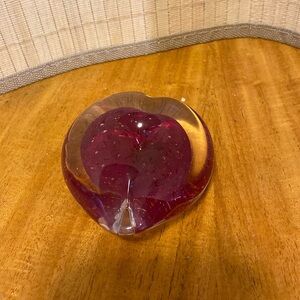 Hand Blown Art Glass Heart Shaped Paperweight Red Rose Controlled Bubbles
